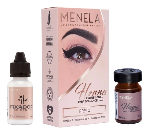 Kit Henna Menela Sobrancelha Profissional Com Fixador 15ml Cor Preto