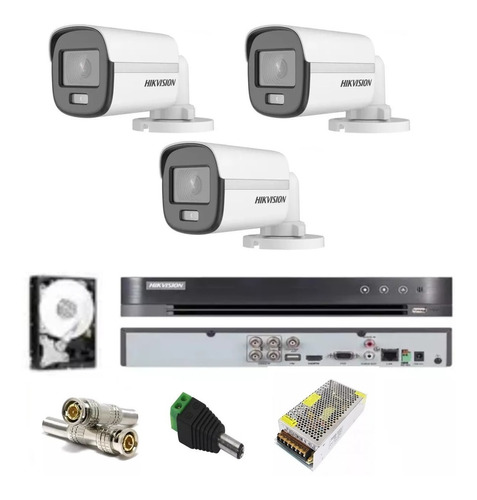 Kit C/ Dvr 04 Ch Hikvision + 03 Cameras Colorvu + Acessorios