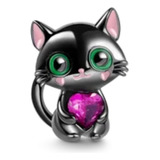 Charm Gato Negro Con Corazon Rosa Plata 925 Pixelglam