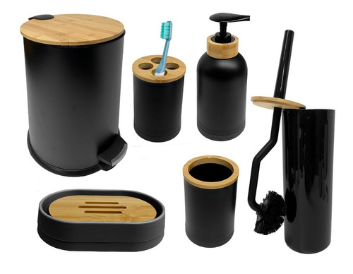 Kit Baño Unico Bambu X 6 Piezas Completo  Premium Negro