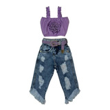 Look Infantil Feminino Cropped Para Criança Calça Jeans Luxo