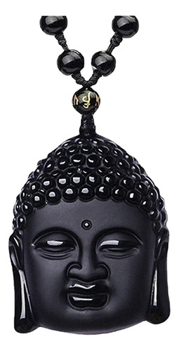 Natural Negro Obsidiana Sakyamuni Buddha Collar Amuleto CoLG