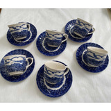 Jogo Chá Porcelana Inglesa Antiga Azul E Branca 12 Peças