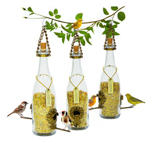 Kit 3 Comedouro Pássaros Livres - Garrafa Champagne Branca