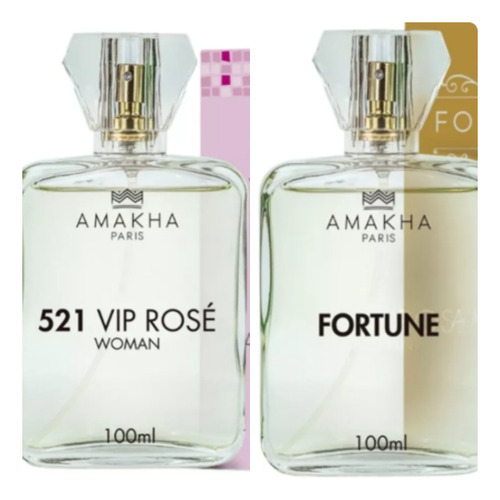 Kit 2 Perfumes Amankha Paris 521 Rose Feminino + 1 Fortune Masculino 