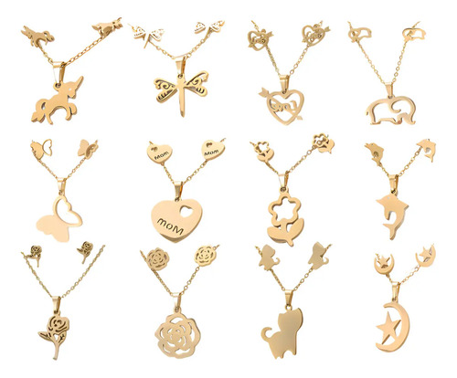 12 Sets Juego Collar Y Aretes De Acero Inoxidable Mayoreo Zz