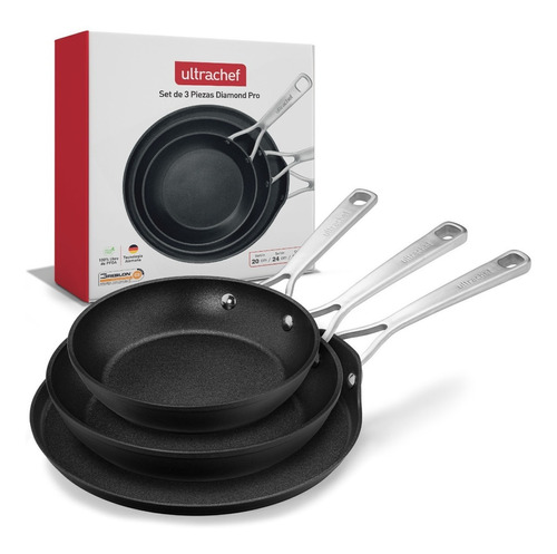 Juego De 3 Sartenes Ultrachef Antiadherentes 20/24/28 Cm- Color Diamond Pro Negro