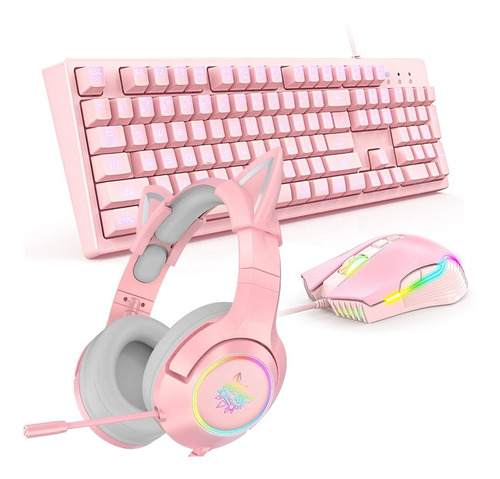 Combo Onikuma Teclado + Mouse Rgb + Auricular Orejas K9 Rosa