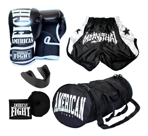 Kit Muay Thai Luva Bolsa Shorts Bandagem Buc. American Fight