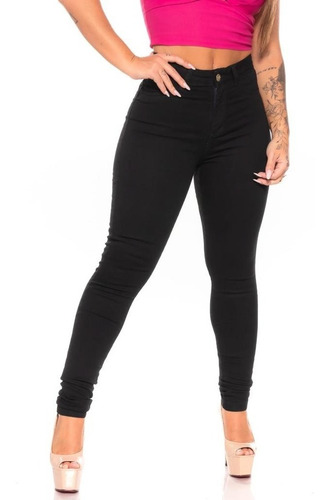 Calça Preta Jeans Feminina Com Elastano Cintura Alta Skinny