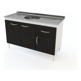 Bajo Mesada 120 Cm Mueble De Cocina 3 Ptas. 1 Cajon S/ Bacha Color Blanco Con Roble Termo Negro