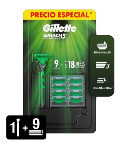 Afeitadora Gillette Mach3 Sensitive Recargable + 9 Cartuchos