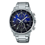 Reloj Pulsera Casio Efv-600 Con Correa De Acero Inoxidable Color Plateado - Fondo Negro/azul - Bisel Negro