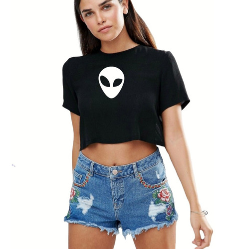  Blusa Crop Top Negro Suelto ---alien---moda Mujer