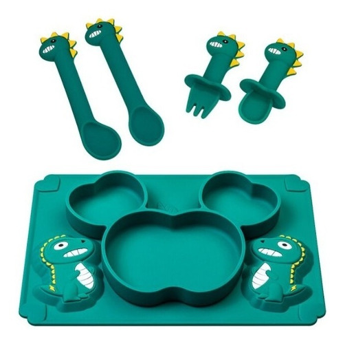 Set Plato De Silicona Dinosaurio Para Bebé Niños + Cubiertos