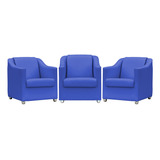 Kit 3 Poltronas Decorativas Para Sala De Espera Corino Cores Cor Azul-royal