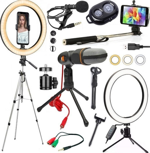 Kit Youtuber Tripé 1,30m Luz Selfie Microfone Lapela Celular