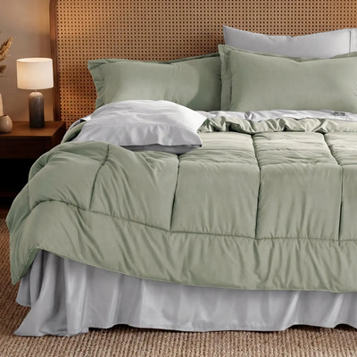 Set 7 Pzas. Edredón Queen Size + Fundas De Almohada + Juego De Sabanas Real Textil Verde - Gris | Meses sin interés
