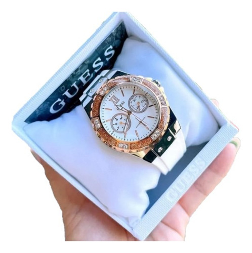 Guess Reloj Blanco Oro Rosa Dama, Day & Date, Original