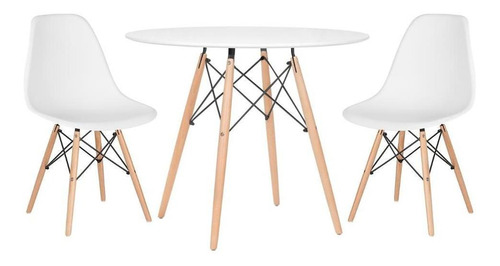 Kit Mesa Jantar Eames Wood  90 Cm E 2 Cadeiras Eames Eiffel Cor Da Tampa Mesa Branco Com Cadeiras Branco