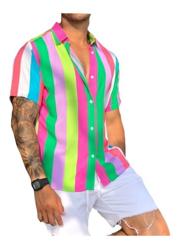 Camisa Colorida Masculina Social Slim Curta Estampada