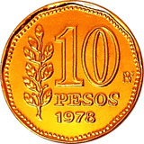 Argentina 10 Pesos Del Año 1978 Bañado Con Oro 24k 