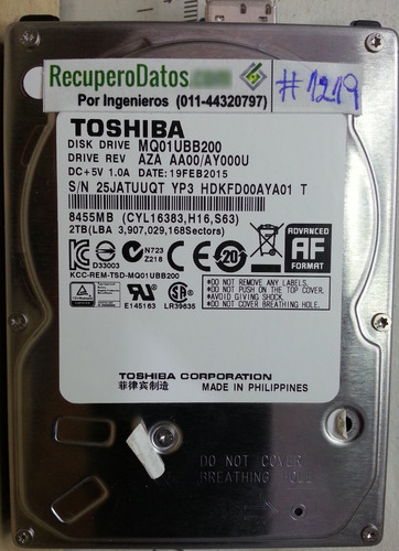 Disco Toshiba  Mq01ubb200  2tb Sata 2.5 - 2365 Recuperodatos