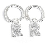 Aros Huggies 12mm Con Dije Letra Inicial R Cubic Plata 925