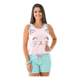 Pijama Feminino Adulto Conjunto Baby Doll Cat Confortável