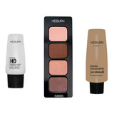 Kit Maquillaje Primer + Base + Paleta Rubores Heburn Premium Tono Marrón Claro