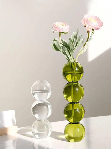 Florero Vidrio Verde Bubble Nórdico Con Flores Artificiales