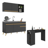 Armário Cozinha Compacta Com Mesa Veneza Multimóveis Mp2201 Cor Preto/dourado