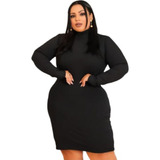 Vestido Plus Size Canelado Manga Longa Tubinho Do 46 Ao 52