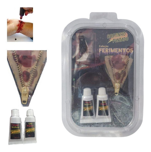 Kit Maquiagem Halloween Sangue Artificial Ferida Corte Ziper