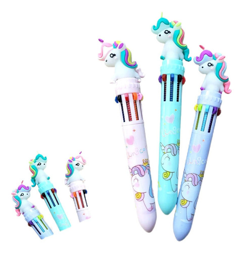 Kit 04caneta Esferográfica 10cores Retrátil Kawaii Unicórnio