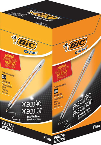 Caneta Esferográfica Bic Cristal Preta Escrita Fina - 50 Uni