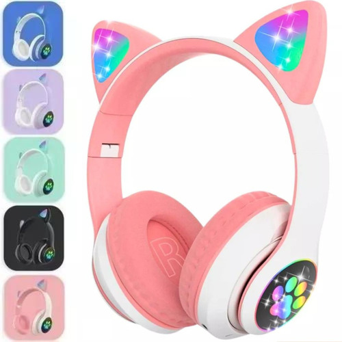 Fone De Ouvido Gatinho Bluetooth Infantil Com Led Luzes