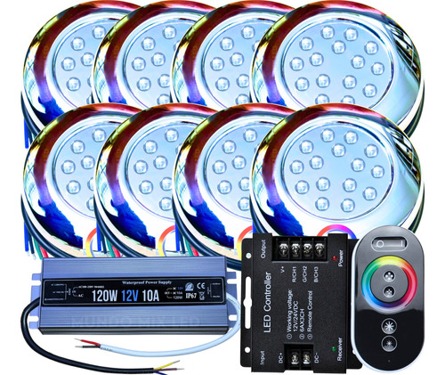 Kit 08 Leds Piscina 15w Rgb + 1 Touch + 1 Fonte Ip68 + Rosca