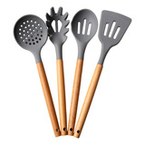 Set Utensilios De Cocina X4 Piezas Silicona Con Mango Madera