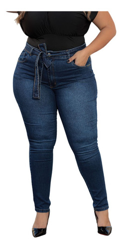 Calça Feminina Jeans Plus Size Lycra Com Cinto Moda 46 Ao 60