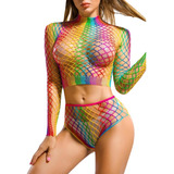 Conjunto Arrastão Top Colorido Neon Arco Iris Look Carnaval