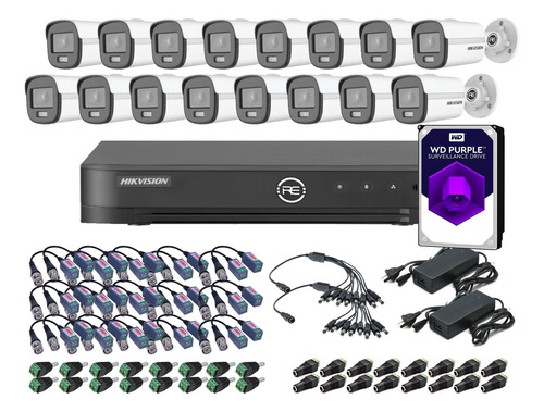 Kit Seguridad Hikvision Dvr 16ch + 16 Camaras 2mp Color Vu