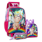 Kit Mochila Rodinhas Escolar Unicornio Fofa Brilho Meninas