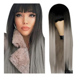 Peluca Pelo Liso 65cm Mujer Degradado De Negro A Plata/gris