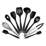 Jogo Conjunto Utensílios De Cozinha Silicone E Inox 10 Peças Cor Preto