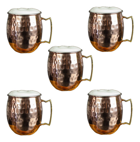 Kit 5 Canecas Moscow Mule Martelado Inox Cor Cobre 530 Ml