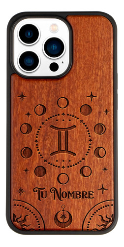 Funda Para iPhone Signo Zodiaco Géminis Madera Con Tu Nombre