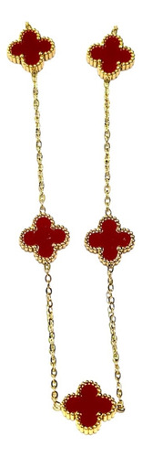 Red Necklace 5 Clovers, Stainless Steel, Gold Plating