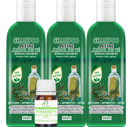 3 Shampoos Aceite Árbol De Té 500ml C/u + Aceite Bergamota 