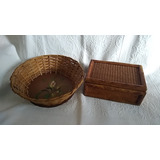 Caixa Porta Trecos Madeira C/ Vime E Bambu + Cesta - Usada